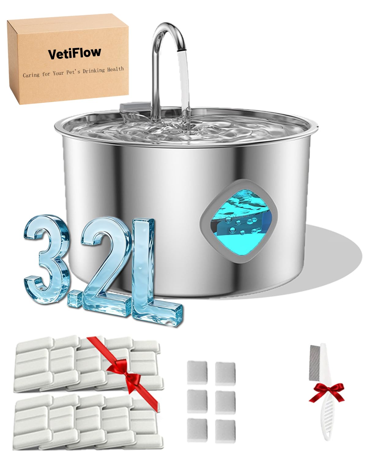 Dog Water Bowl, 4-Filtration System, Continuous Flow, 3.2l Capacity, Ultra Quiet, 304 Stainless Steel Pet Water Bowl with Visual Water Level, Dog