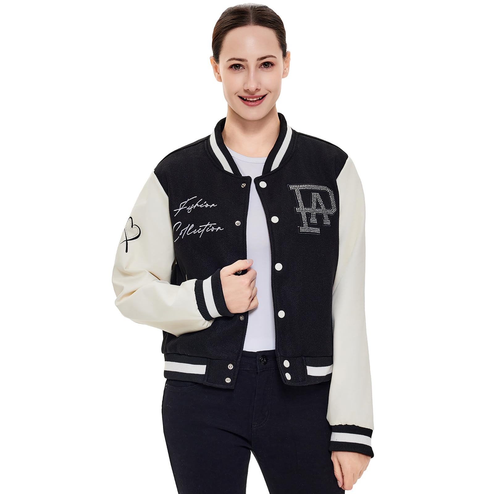 Veste universitaire en cuir synthétique pour femme, coupe ajustée, décontractée, légère