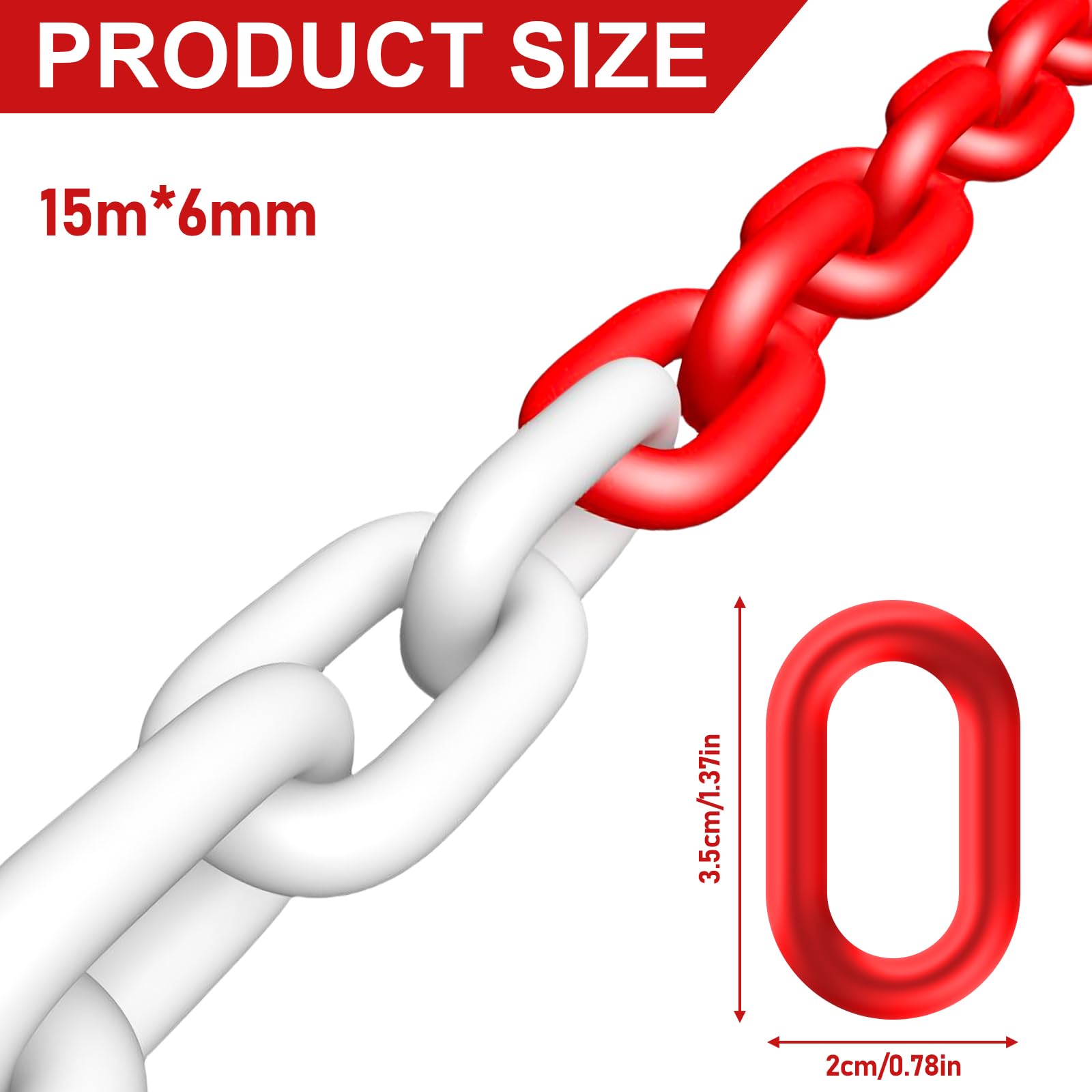 Catena di avvertimento in plastica, colore rosso, bianco, 15 m x 6 mm, per la sicurezza di avvertimento, parcheggio, costruzione, superfici
