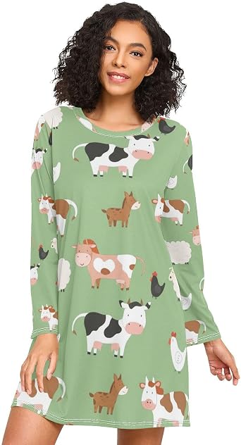 Farm Animals Cows Green Nightgowns for Women, Loose Ladies Night Dress, Long Sleeve Night Shirts for Woman