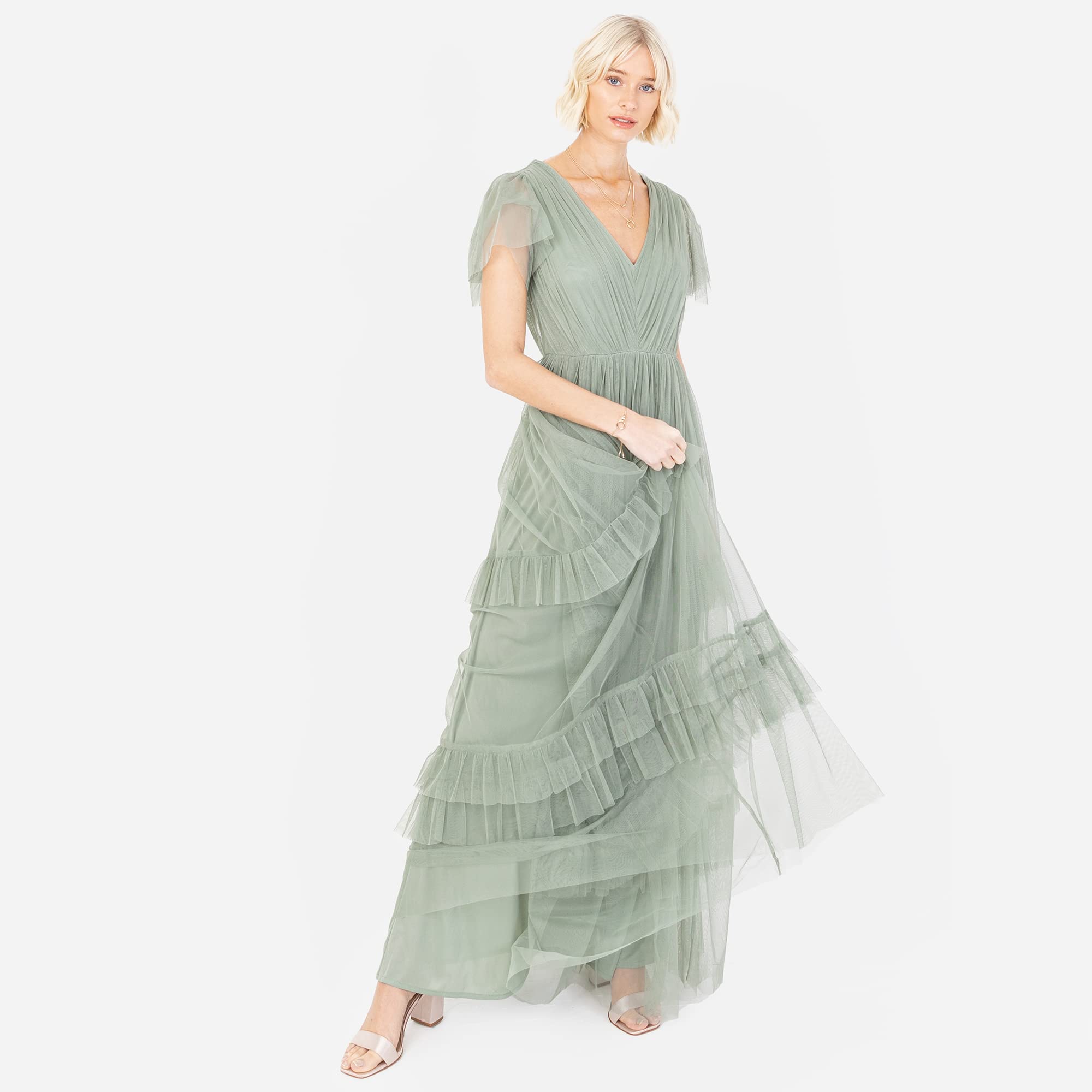 Ladies Maxi Dress for Women Short Sleeve Evening Ball Gown Tiered V Neck Bow Tie Bridesmaid Wedding Guest Prom Long Kleid