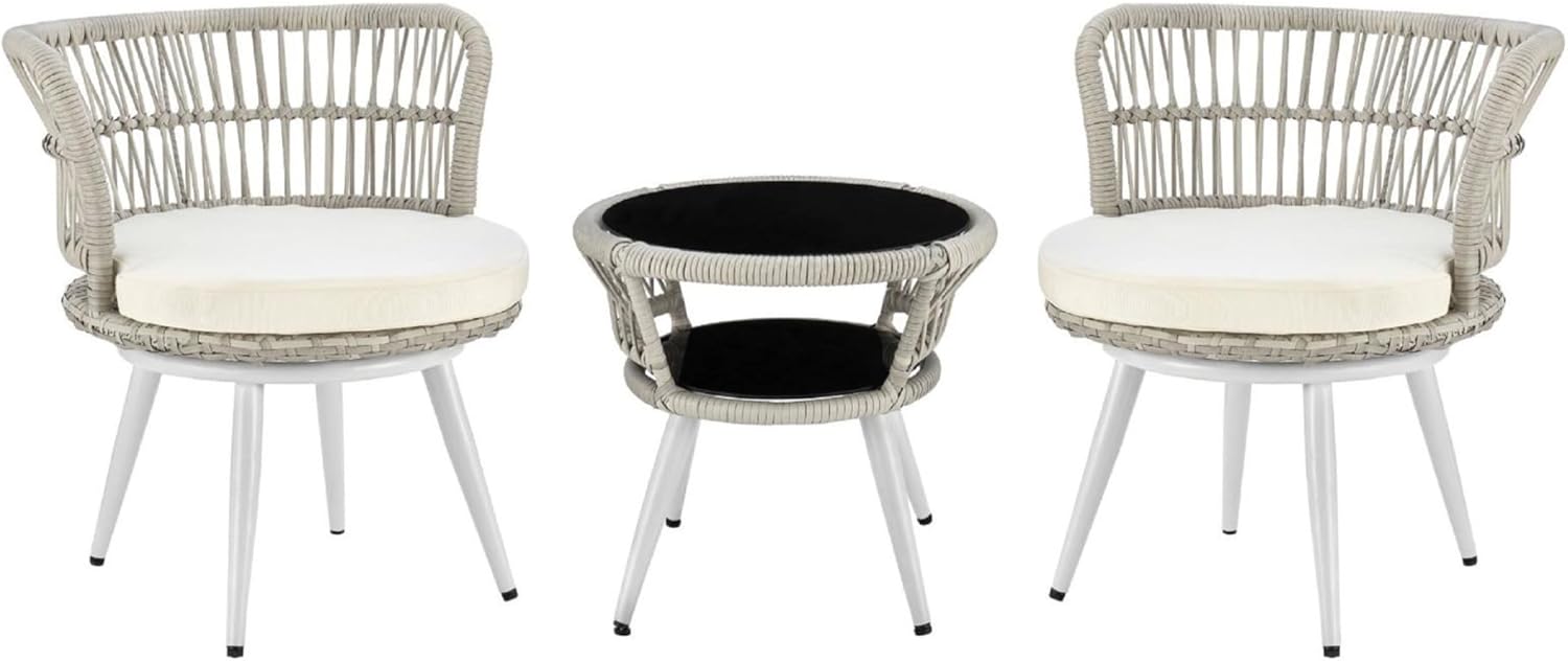 Manhattan Comfort Monaco Rope Wicker 3-Piece Patio Conversation Set with Cushions, Cream