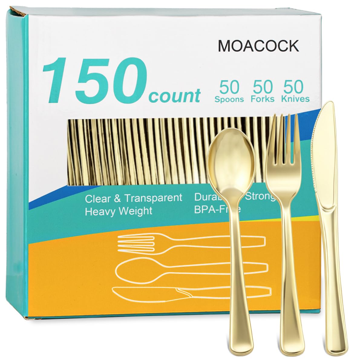 MOACOCK 150 Pcs Light Gold Heavy Duty Plastic Silverware