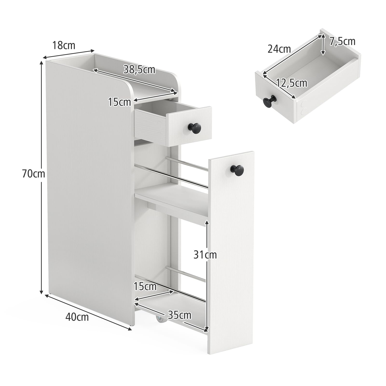 COSTWAY Armario de Baño Estrecho de 4 Niveles, Mueble Auxiliar de Baño Estrecho con Cajones, Encimera con Bordes Elevados, Ruedas y Pomos, Gabinete de Almacenamiento para Baño Cocina Salón (Blanco)