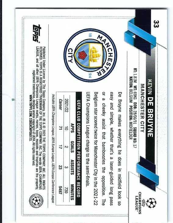 KEVIN DE BRUYNE 2022-23 Topps Chrome Club Competitions Soccer #33 AQUA LAVA REFRACTOR PARALLEL Card Belgium Manchester City FC