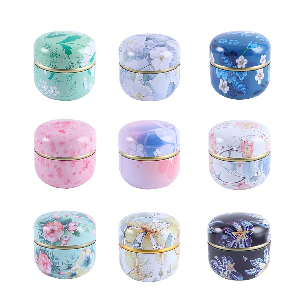 Vctitil 9Pcs 3.34x3.34 Inches Tea Storage Containers Tea Tin Canister Round Tin Jar Empty Tins Candle Containers Tin Box Tea Tins Food Storage Container