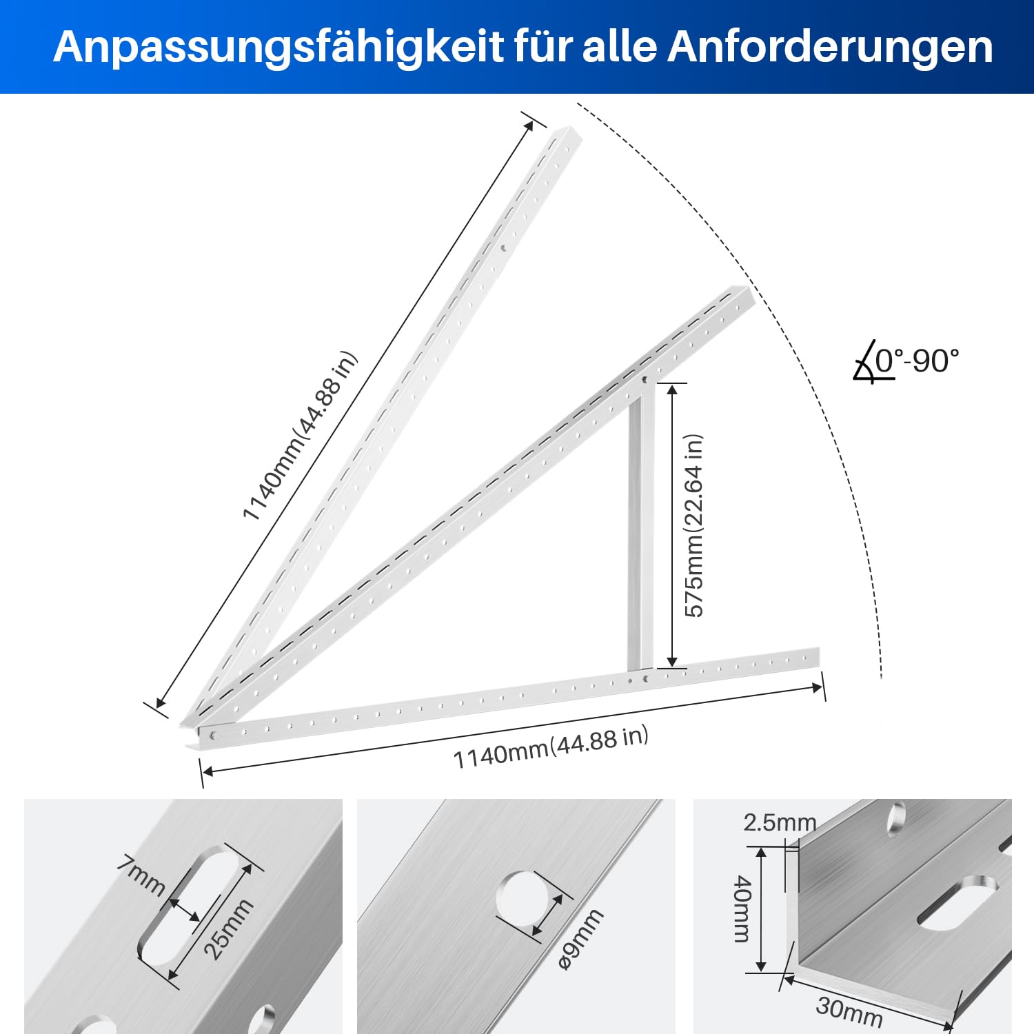 8 Stück Solarpanel Halterung 114cm 45in für 4 100W-600W Solarmodul, 0-90° Verstellbar PV Aufständerung Balkonkraftwerk Halterung Solarpanel Flachdach, inkl. Schrauben & Montage Anleitung
