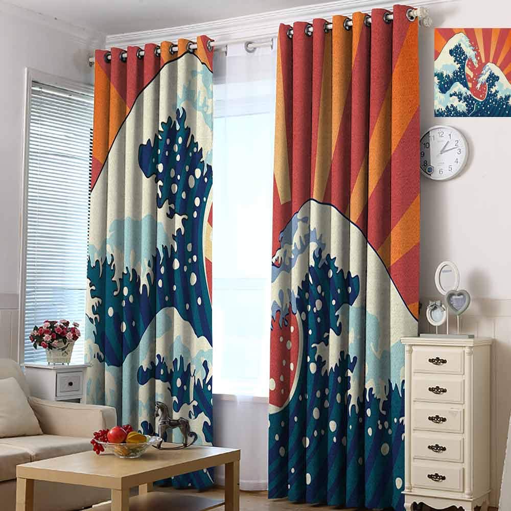 hengshu Japanese Wave 99% Blackout Curtains Japanese Painting Style Summer Seasonal Backdrop Surf Water Abstract Sunset for Bedroom, Kindergarten, Living Room W63 x L63 Inch Multicolor