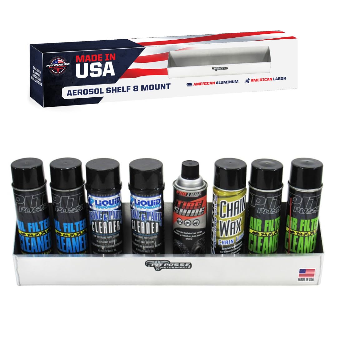 Pit Posse 567 Aerosol Shelf 8 Mount Spray Can Holder Trailer Garage Cabinet Organizer - Made in USA - Holds 8 Aerosol Cans - Shop Enclosed Race Trailer Accessory Aluminum Multi Use Storage (Silver)