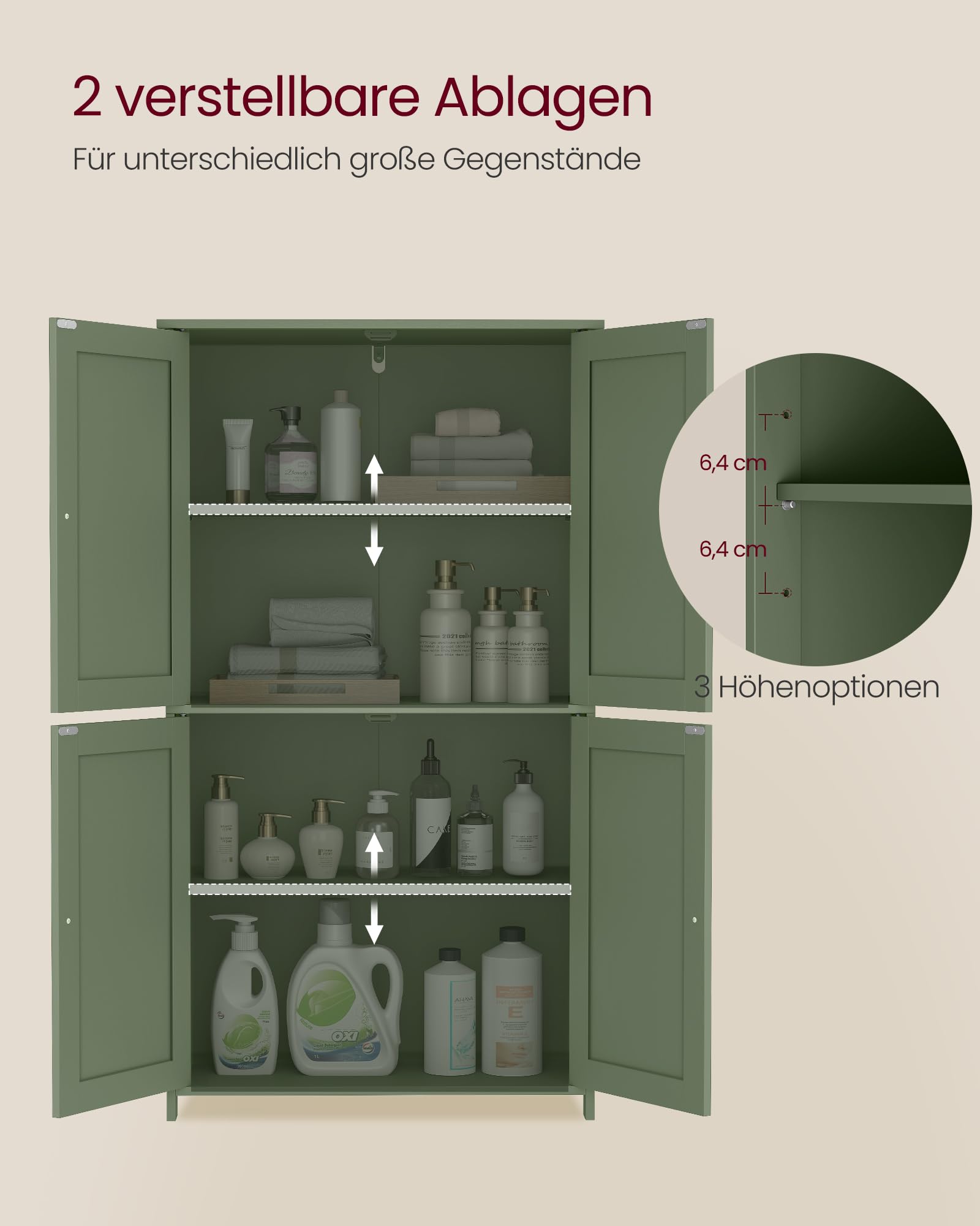 VASAGLE Badezimmerschrank, Badschrank im Shaker-Stil, mit 2 verstellbaren Ablagen, 4 Türen, Schrank für Badezimmer, Hochschrank, für Küche, waldgrün BBC553CH01