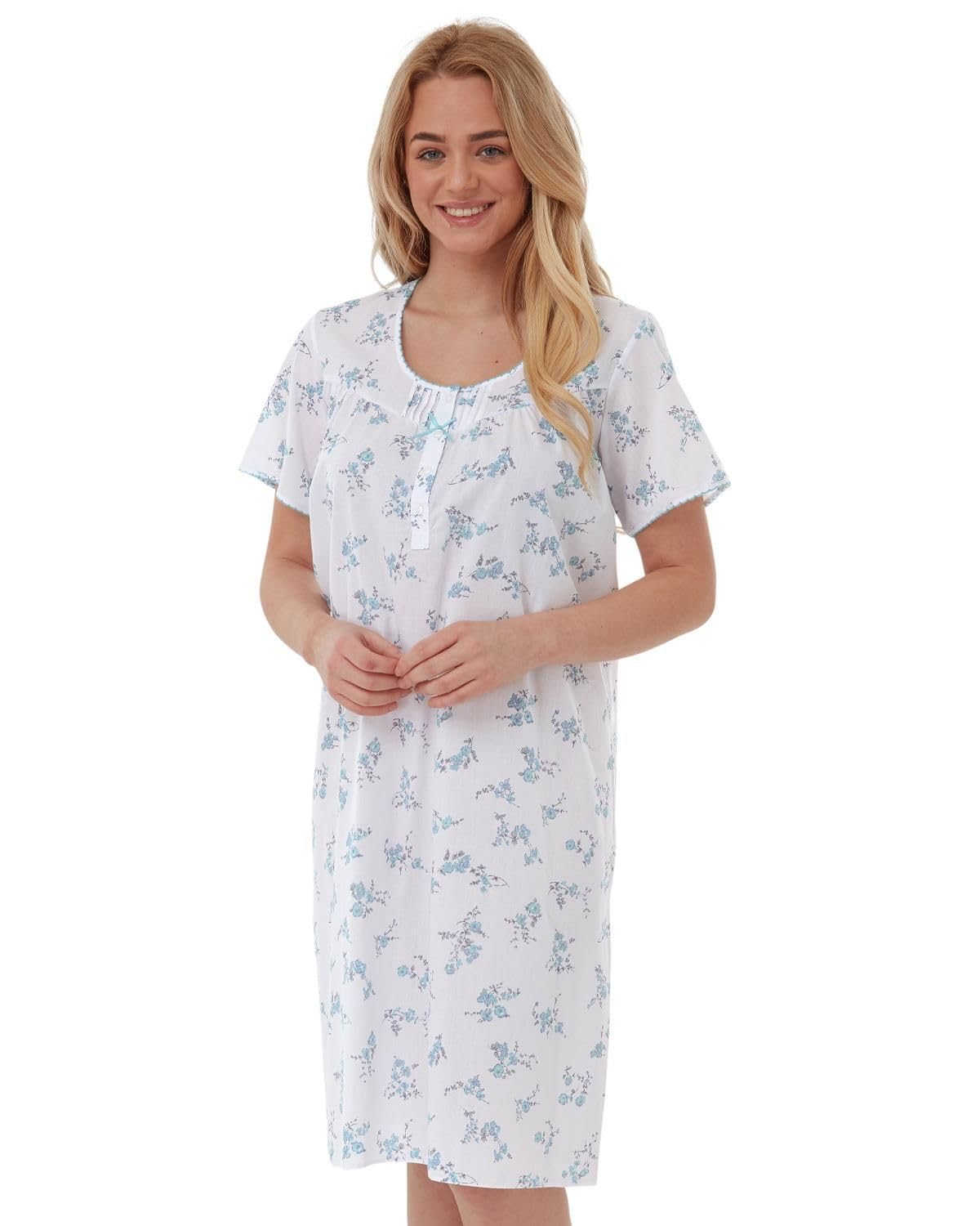 Lady Olga Women's Blue Poly Cotton Floral Short Sleeve Nightdresses From 10-32 (18-20, )