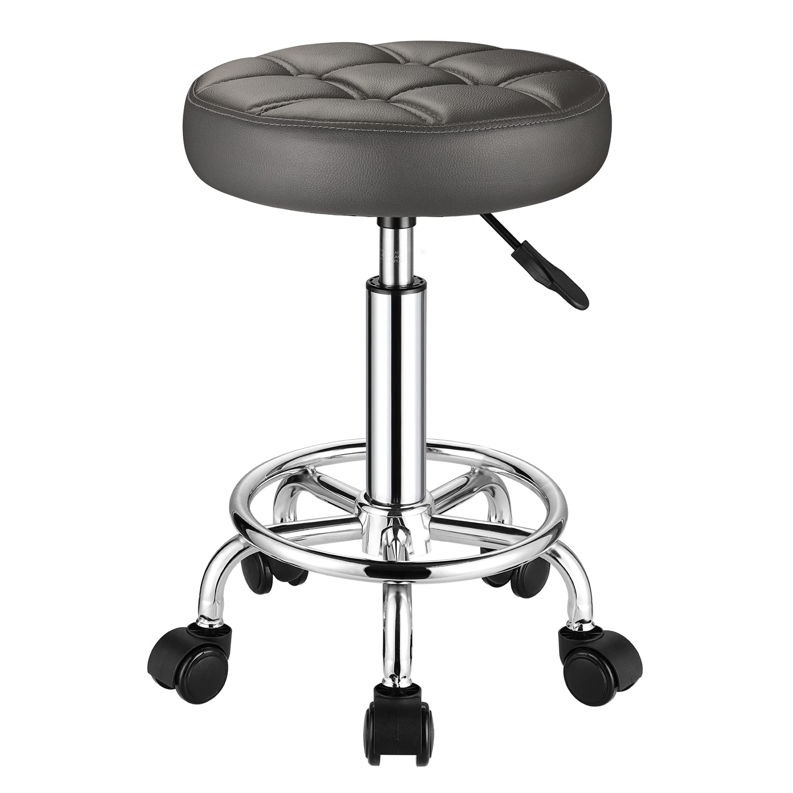 FNZIR Round Rolling Stools PU Leather Seat Height Adjustable Swivel Stool with Wheels Grey