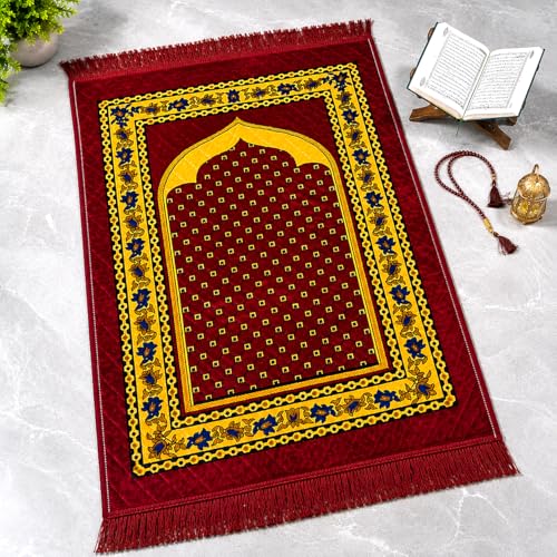LAMNYAHOM Premium Velvet Janamaz - 2 x 4 Feet Large Prayer Mat (Musalla) with Traditional Floral Pattern, Lightweight & Foldable Padded Namaz Mat for Daily Prayer and Ramadan Gifting (red)