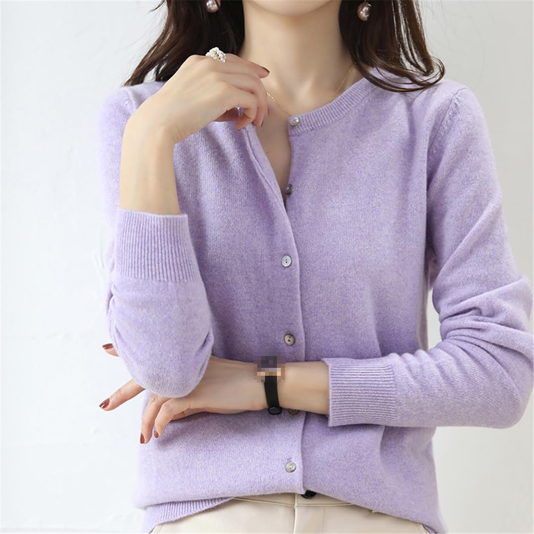 Cárdigan de cachemira para mujer, cuello redondo, suéter de punto suave para primavera, otoño e invierno, manga larga, color liso