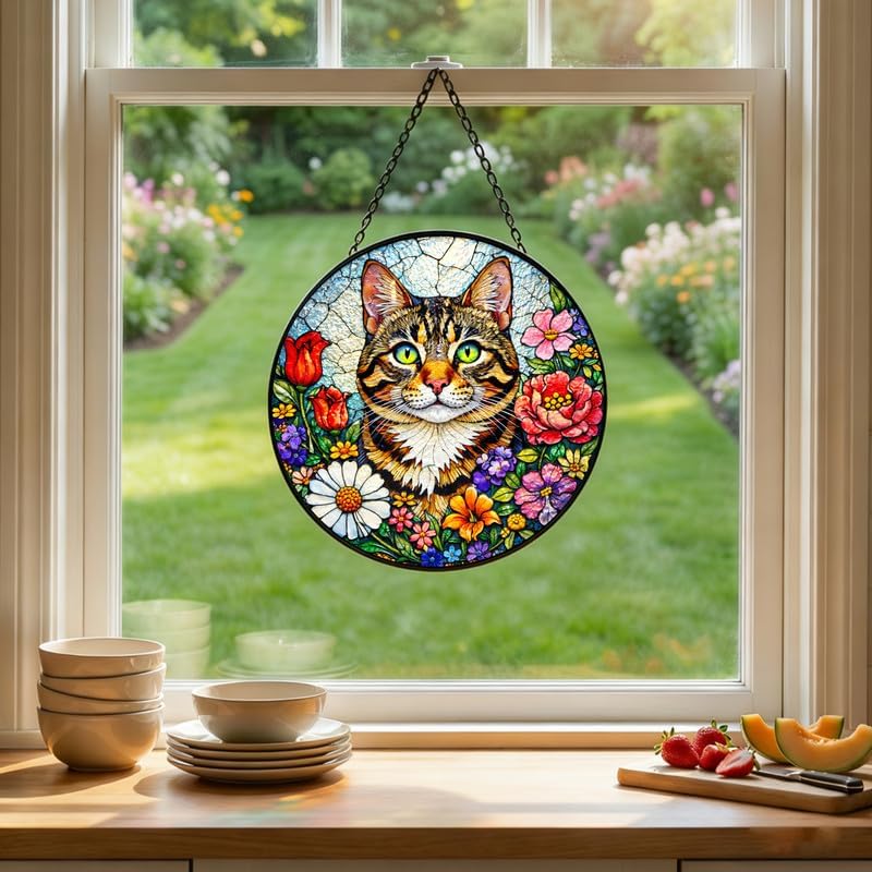 Stained Glass Window Hanging Suncatcher 11.8 in Tabby Cat Floral Colorful Glass Panel Sun Catcher for Window， Window Hanging Decor for Home， Housewarming Gift