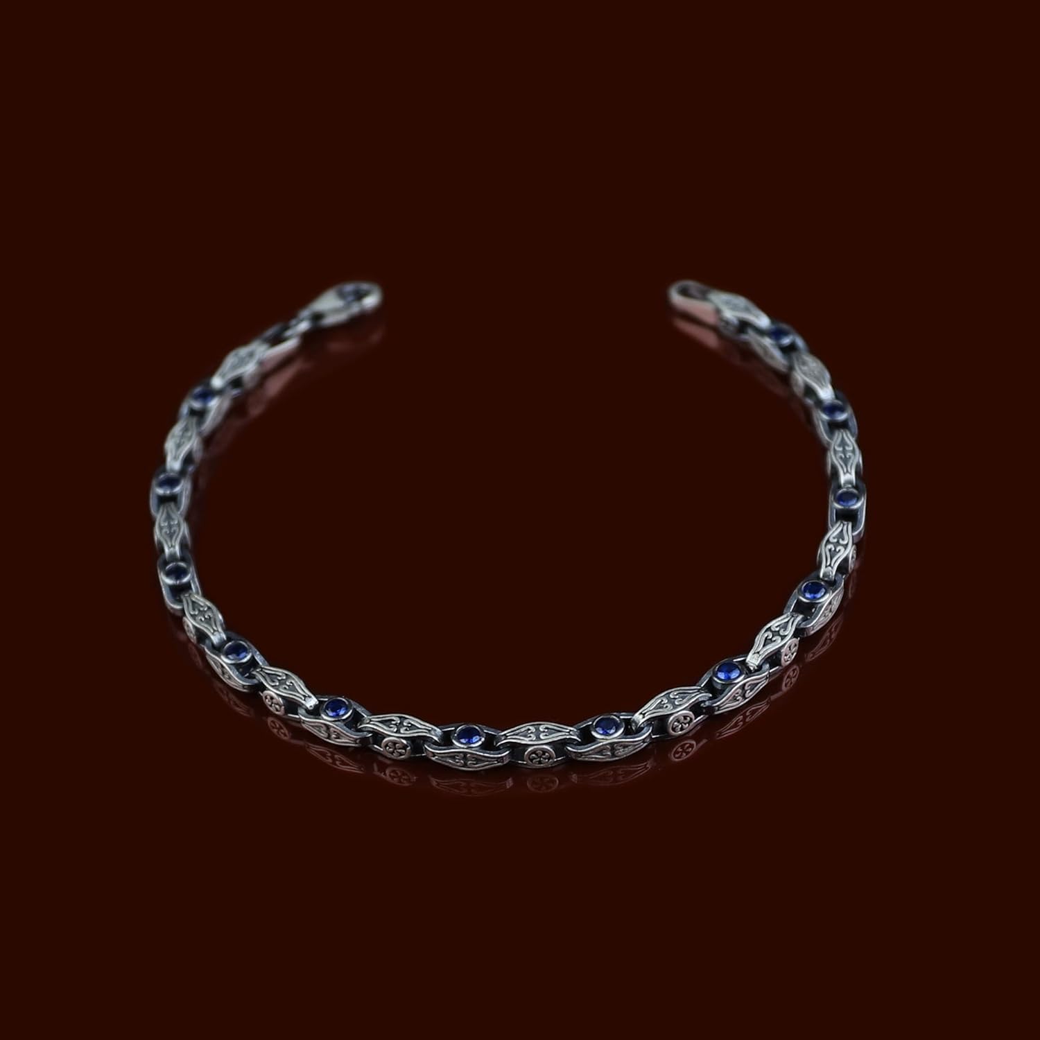 Mercan Silver Men Handmade Sapphire Link Chain Bracelet, Vintage Sapphire Chain Bracelet, Turkish Handmade Chain