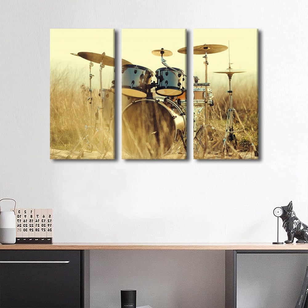 Music Series 3 Panels Jazz Drum Kit Wall Artwork American Rock Band Shelf Drum Set on Park Lawn Canvas Print for Living Room Bedroom Dining Room Wall Decor Stretched and Framed Ready to Hang-28"Wx42"H