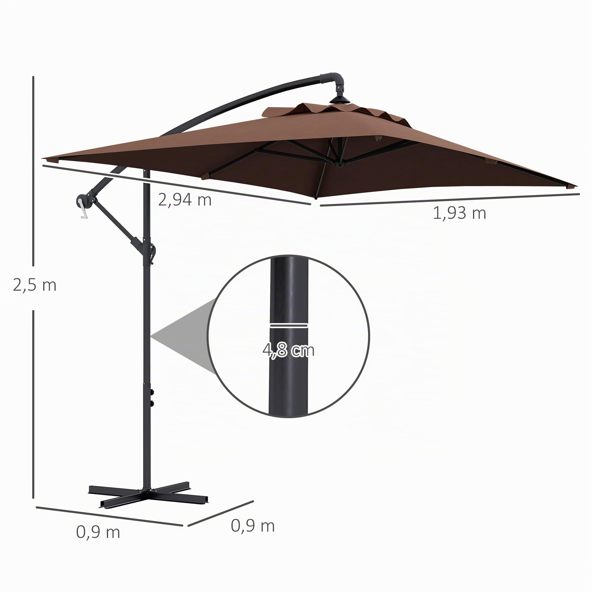 Outsunny Parasol Déporté 3 x 2 m Rectangulaire Extérieur Manivelle Marron