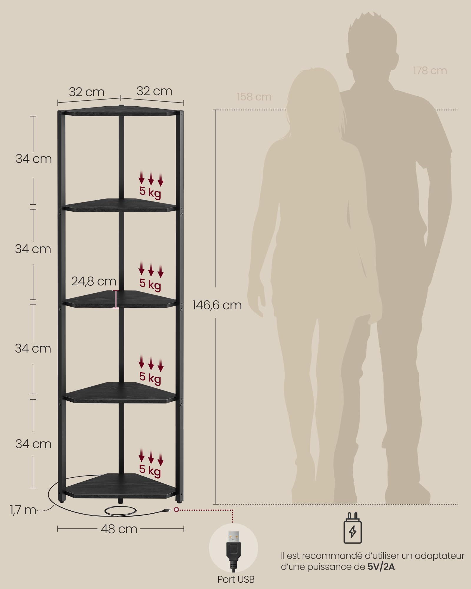 VASAGLE Étagère d'angle à 5 Niveaux, Bibliothèque avec Éclairage LED Réglable, Meuble de Rangement avec Cadre en Acier, 24,8 x 48 x 146,6 cm, pour Salon, Chambre, Bureau, Noir Boisé LBC590B02