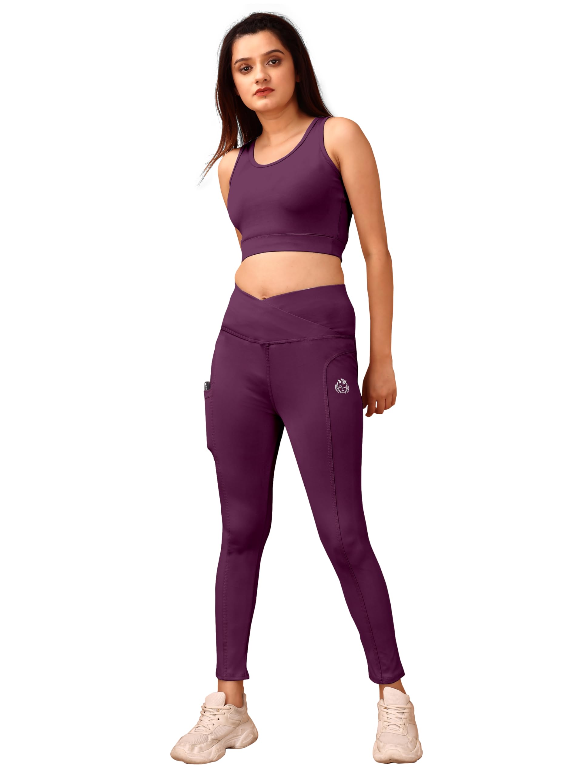 poojaran saree Women's High-Waist Yoga Leggings & Sports Bra Set | V -Style Waistband Seamless 2-Piece Gym Wear Outfit | Polyester Blend Activewear for Workout, Running, Yoga & Training with Pocket-picture-10