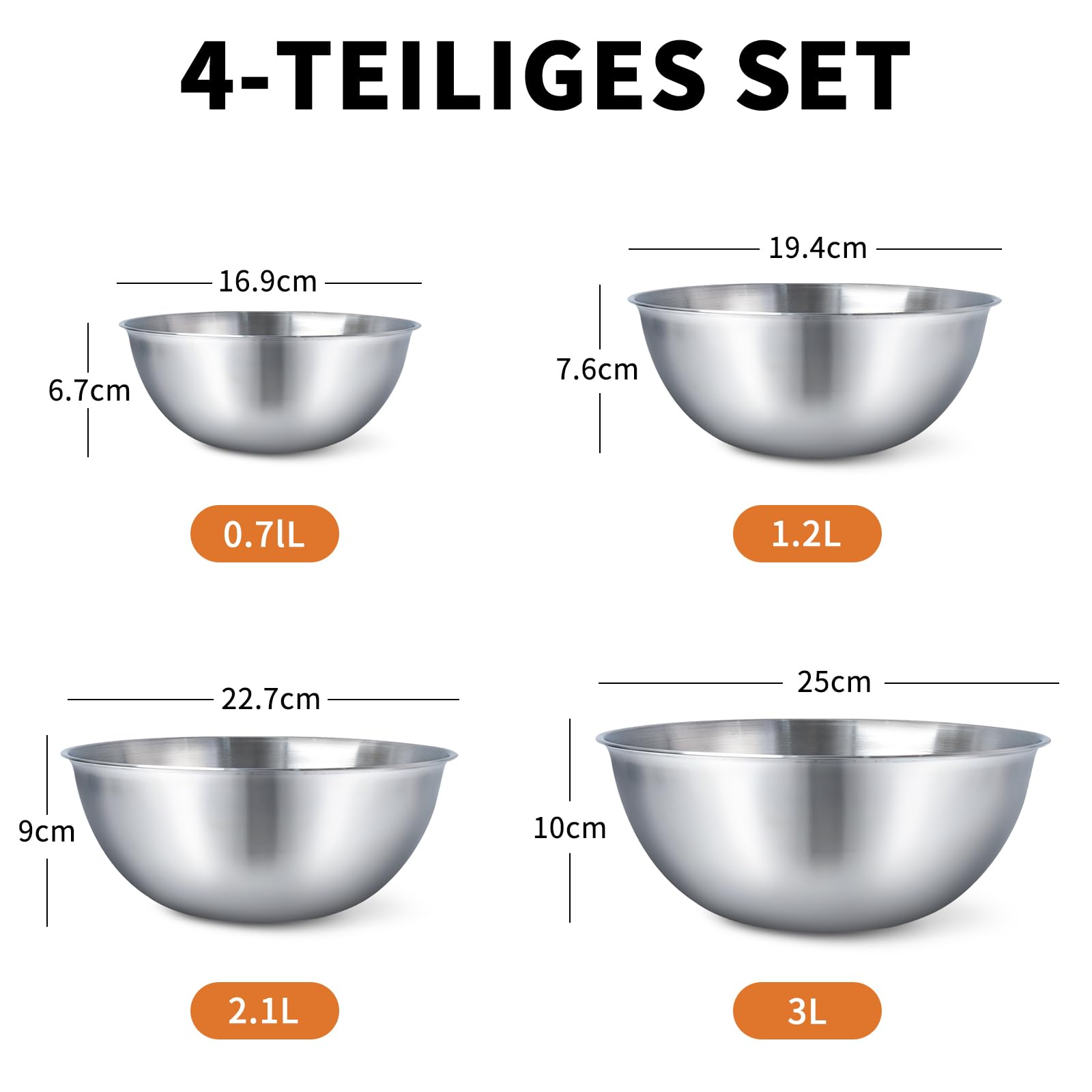Rührschüssel Salatschüssel 4-teilig für die Küche 0.7l, 1.2l, 2.1l, 3l, Rührschüssel Edelstahl, Salatschüssel, Servierschüssel, Stapelbar&Spülmaschinenfest (0.7-3L)