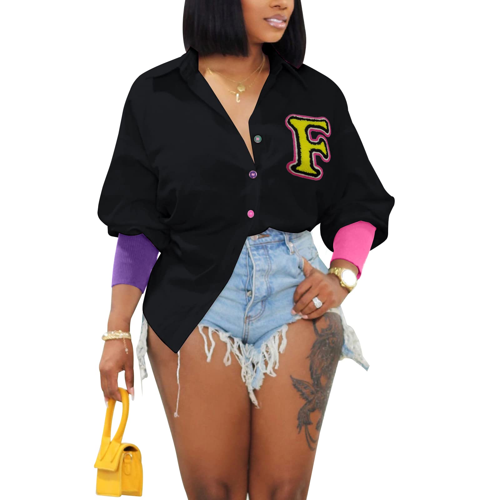 kaimimei Shirt Dress for Women Sexy-Color Block Letter Embroidery Button Down Long Sleeve Ribbed Cuff Club Blouse Mini Dress