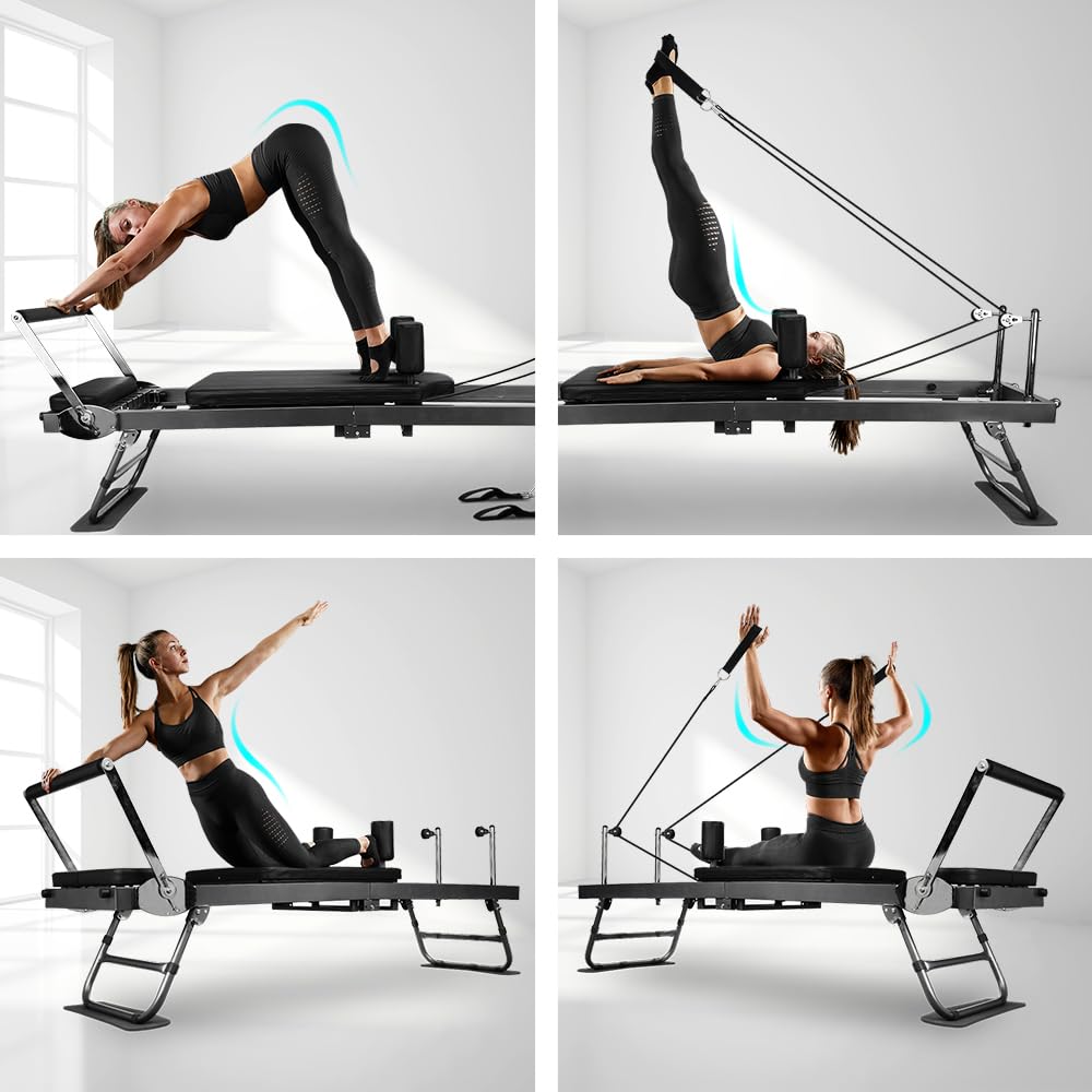 Pilates Reformer, faltbares Pilates-Gerät und Zubehör für das Training im Heim-Fitnessstudio, geeignet für Fortgeschrittene und Anfänger, max. 200 kg, schwarz