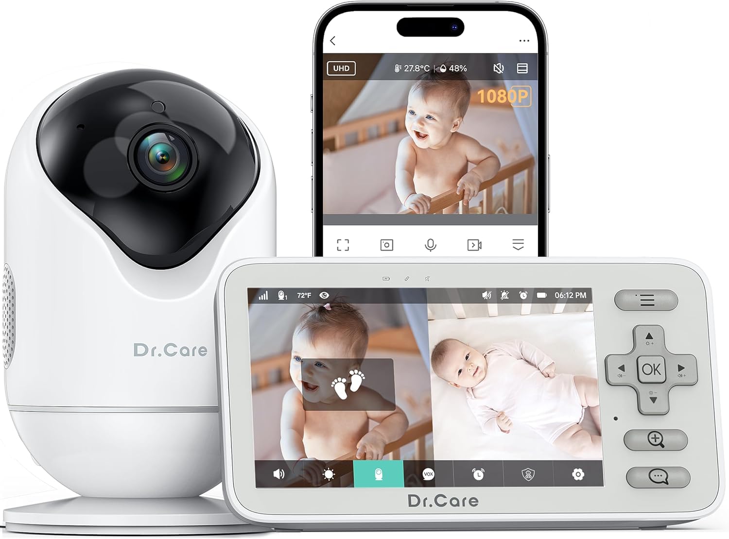 Dr.Care VistaView Lite Camara Vigilancia Bebe WiFi, 4" 720P Pantalla Dividida, Cámara 1080P, Visión Nocturna, Alertas de Movimiento, 3000mAh, Seguridad Triple, Multiusuario, Alcance 390m