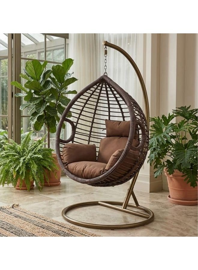 Outdoor Hanging Egg Chair with Stand Luxury Brown Swing Chair with Cushion Balcony & Garden Patio Chair for Indoor Outdoor Use Heavy Duty Steel Frame
