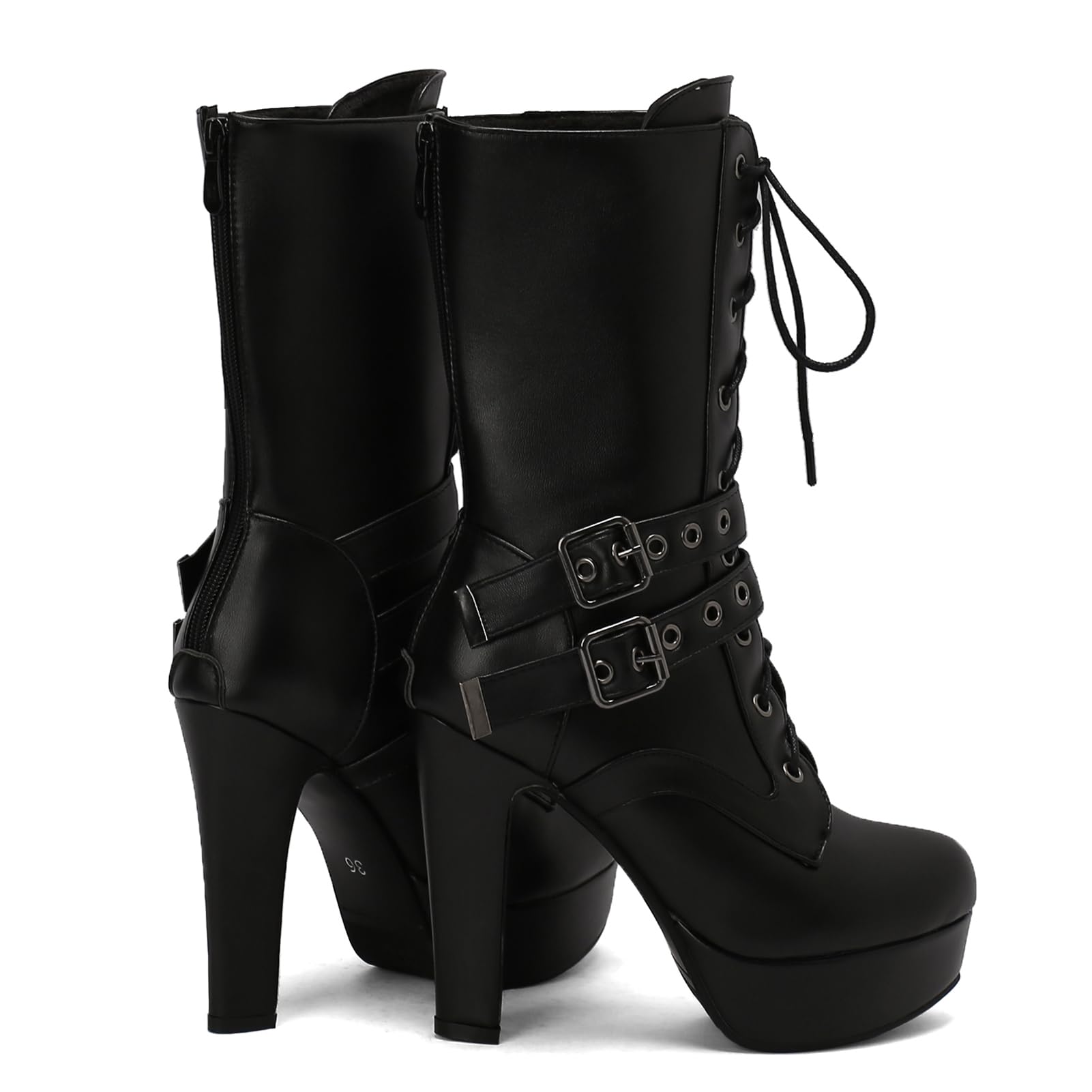 Black Plateforme Bottes Mid Calf pour femme Hauts Talons Bloc