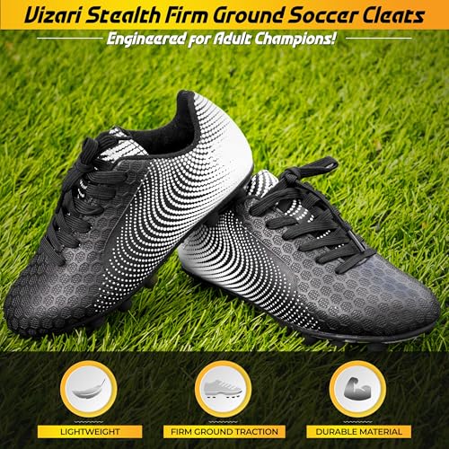 Vizari Stealth Firm Ground Soccer Cleats for Men & Women | Black Adult Football Shoes with Rubber Studs and Durable Synthetic Upper, Size - 6.5-13 (Unisex)2
