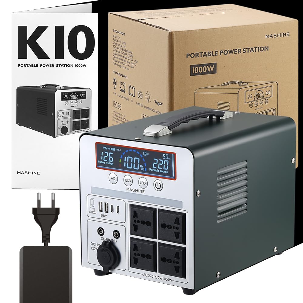 Tragbare Powerstation 1000W/666Wh, Mashine Tragbare Wiederaufladbare Generator Backup Batteriepack für Camping, Wohnmobile, Drohnen, Erste Hilfe und Außenbeleuchtung, mit 4 AC Anschlüssen