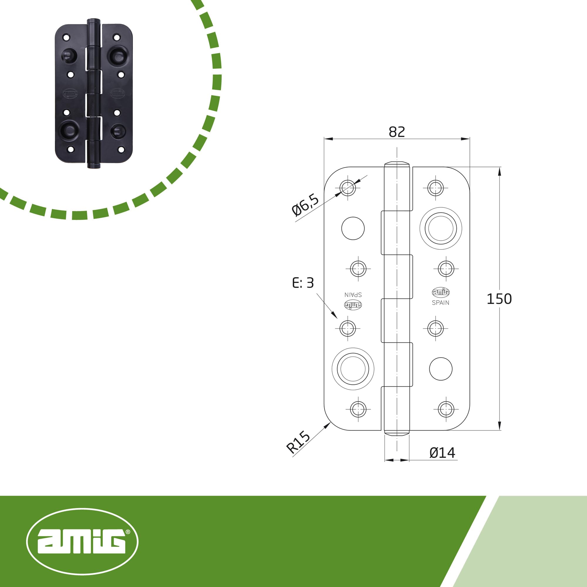 Amig - Pack de 6 Bisagras de Seguridad para Puertas - Cantos Redondos - Apertura y Cierre Silenciosos - Sujeta Puertas de Entrada con Firmeza - Acero - Negro Epoxi - 150 x 82 x 3 mm