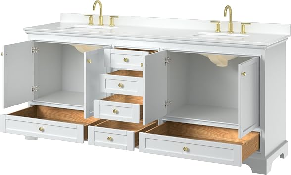 Wyndham Collection Deborah 80 Inch Double Bathroom Vanity in White, White Cultured Marble Countertop, Undermount Square Sinks (3-Hole), Brushed Gold Trim