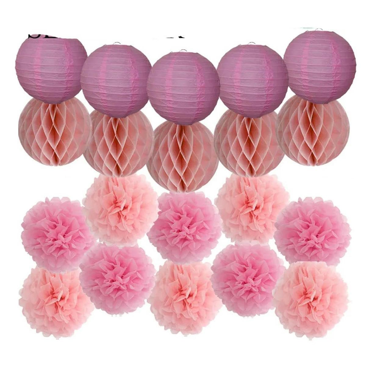 Hochzeitsgeschenk, weißes Set, 15,2 cm, 20,3 cm, 25,4 cm, 30,5 cm, rund, Papierlaternenball, Wabengewebe, Pompom, rosa, blaues Dekor, Silberblau, M, 25 cm (10 Zoll)