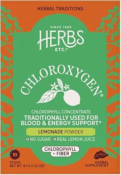 Herbs Etc. ChlorOxygen Lemonade Powder Stick 50mg of Chlorophyll and 3g of Fiber 10ct No Sugar