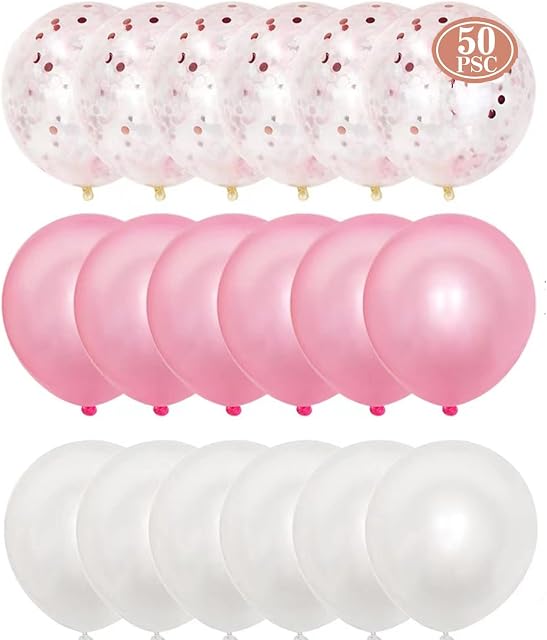 HBell 50pcs Pink White Balloons Set,Pink Confetti Balloons White Balloons 12inch Birthday Latex Party Balloons for Birthday Party Wedding Baby Shower Holiday Party Decoration (Pink)