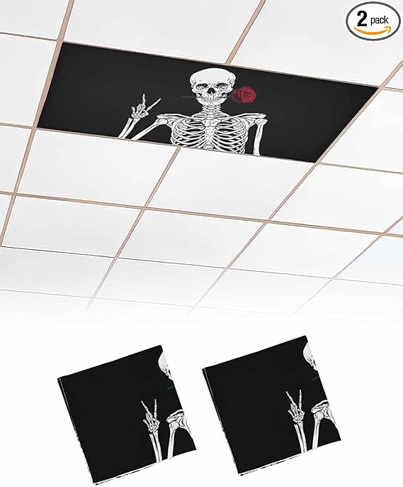 2 Pack Fluorescent Light Cover for Classroom Ceiling Light, Skull Skeleton with Rose Halloween Magnetic Light Cover Filters, Sugar Black Funny Light Covers for Home Drop Lamp Ceiling Decor 4x2 ft