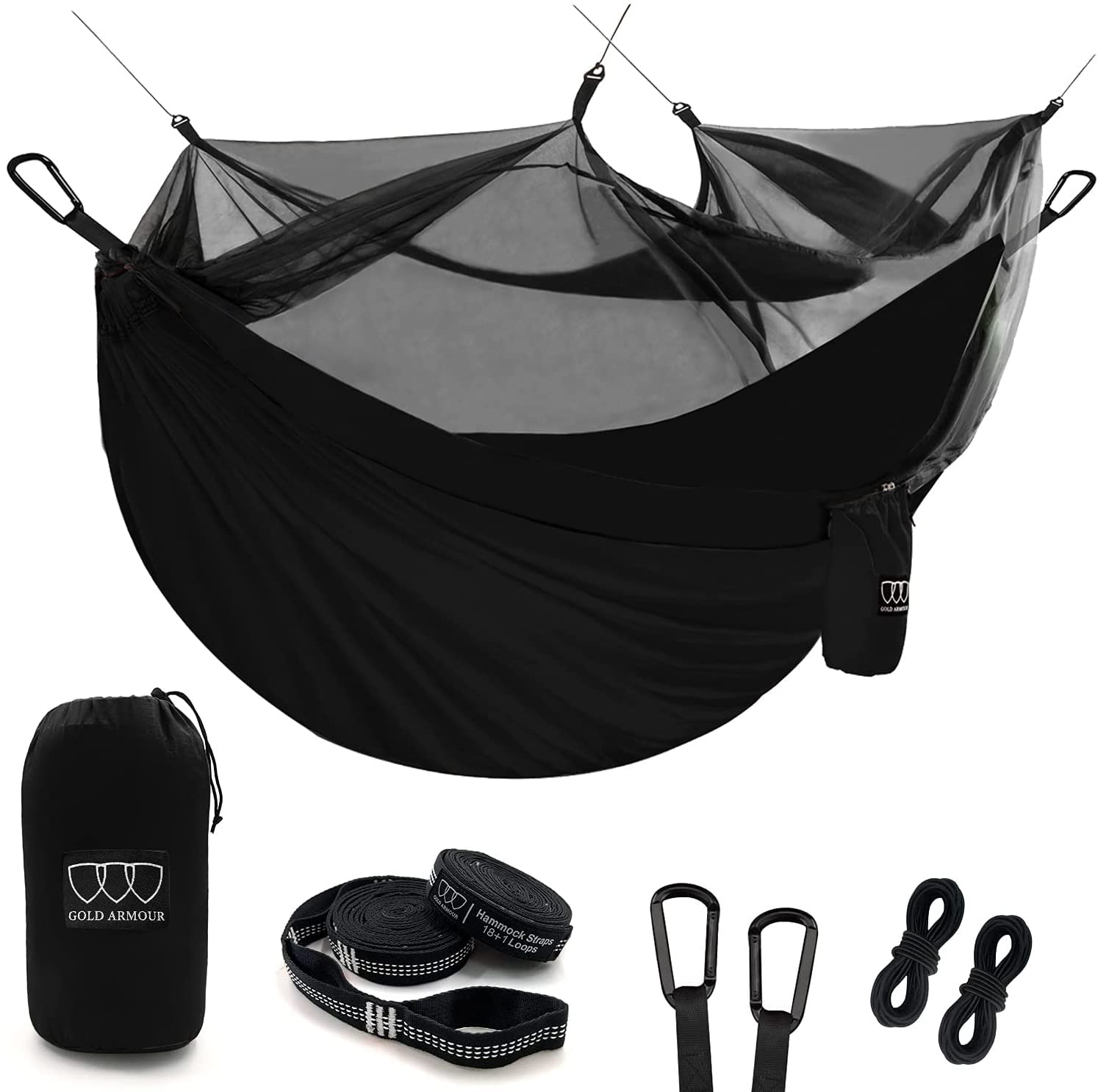 Gold Armour Camping Hammock - Camping Essentials, Double Hammock with Bug Net, Camping Gear Hammock for Outside, Hiking, and Travel (Black)