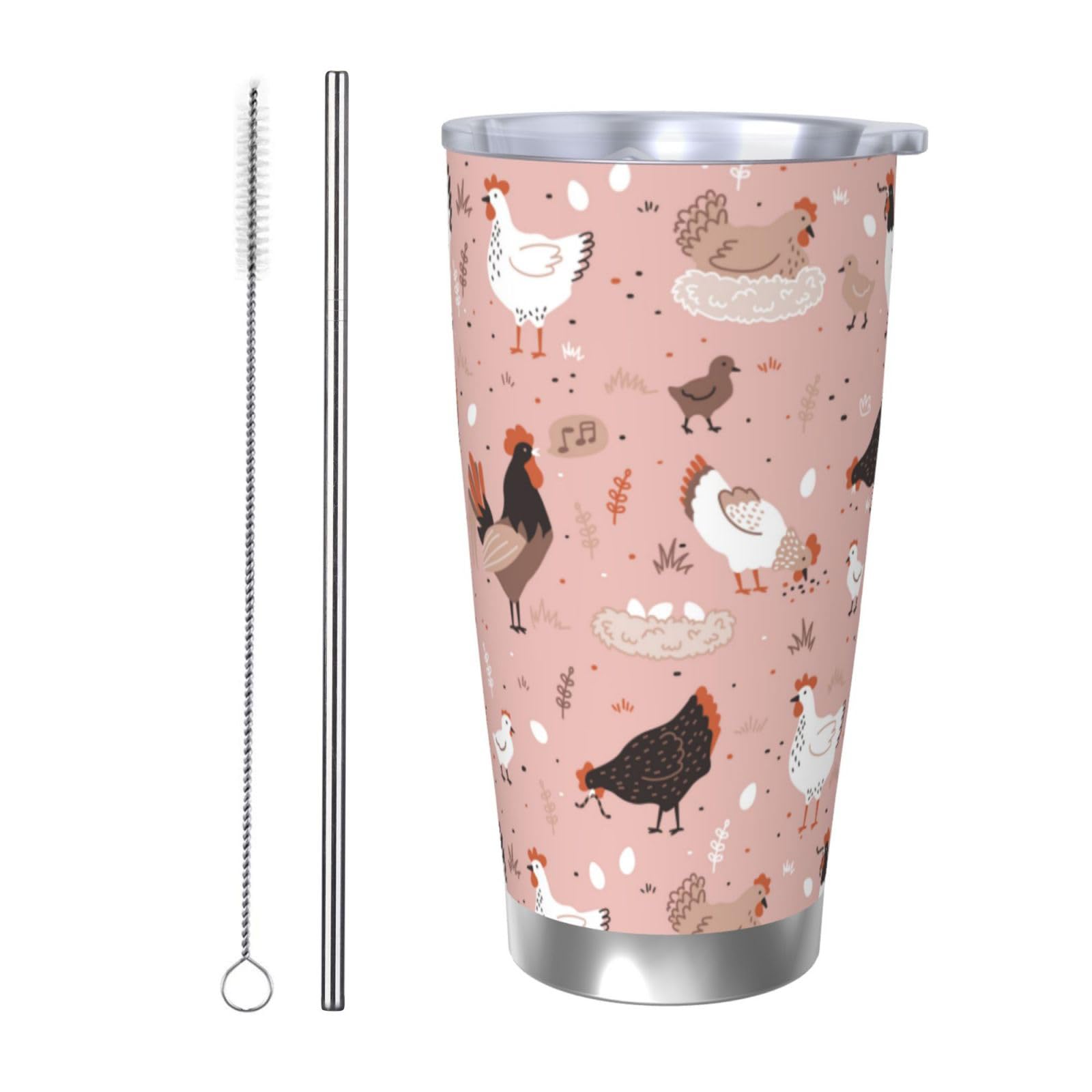 CHASOEA Chicken Tumbler 20oz Rooster Hen Stainless Steel Insulated Tumblers with Lid and Straw Animal Pink Travel Coffee Mug Tea Wine Cups Water