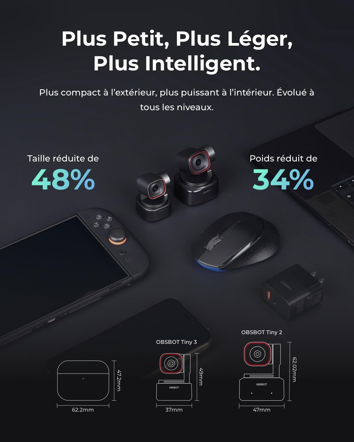 OBSBOT Tiny 3 AI-Powered Spatial Audio 4K Webcam, AI Tracking PTZ Caméra | Capteur 1/1,28", Triple Micro, Commande Vocale Et Gestuelle, 120FPS, HDR, Webcam Pour PC, Laptop, Streaming, Réunion, Switch2