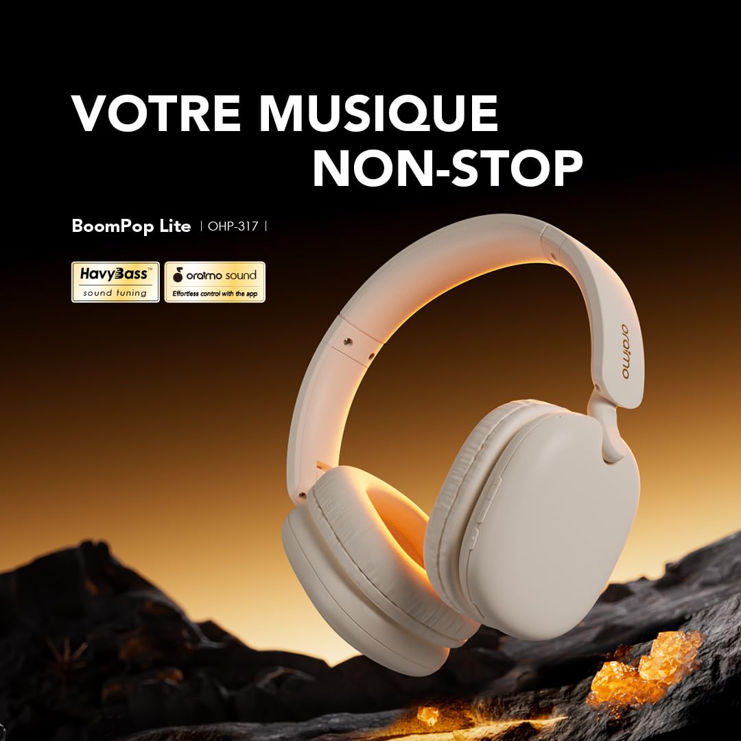 Oraimo BoomPop Lite Casque Bluetooth sans Fil, 65 h d'autonomie, Charge Rapide 10 Min = 10 h, Son Spatial Sound360, Micro ENC, Mode Jeu, Pliable, Bluetooth 5.3 + Jack 3,5 mm, USB-C