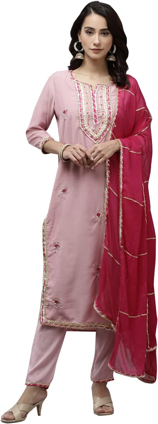 ishinWomen's Pure Silk A-Line Embroidered Gotta Patti Floral print Pink Kurta suit set with Trouser Kpldpnk-ff-10063_XL_Pink