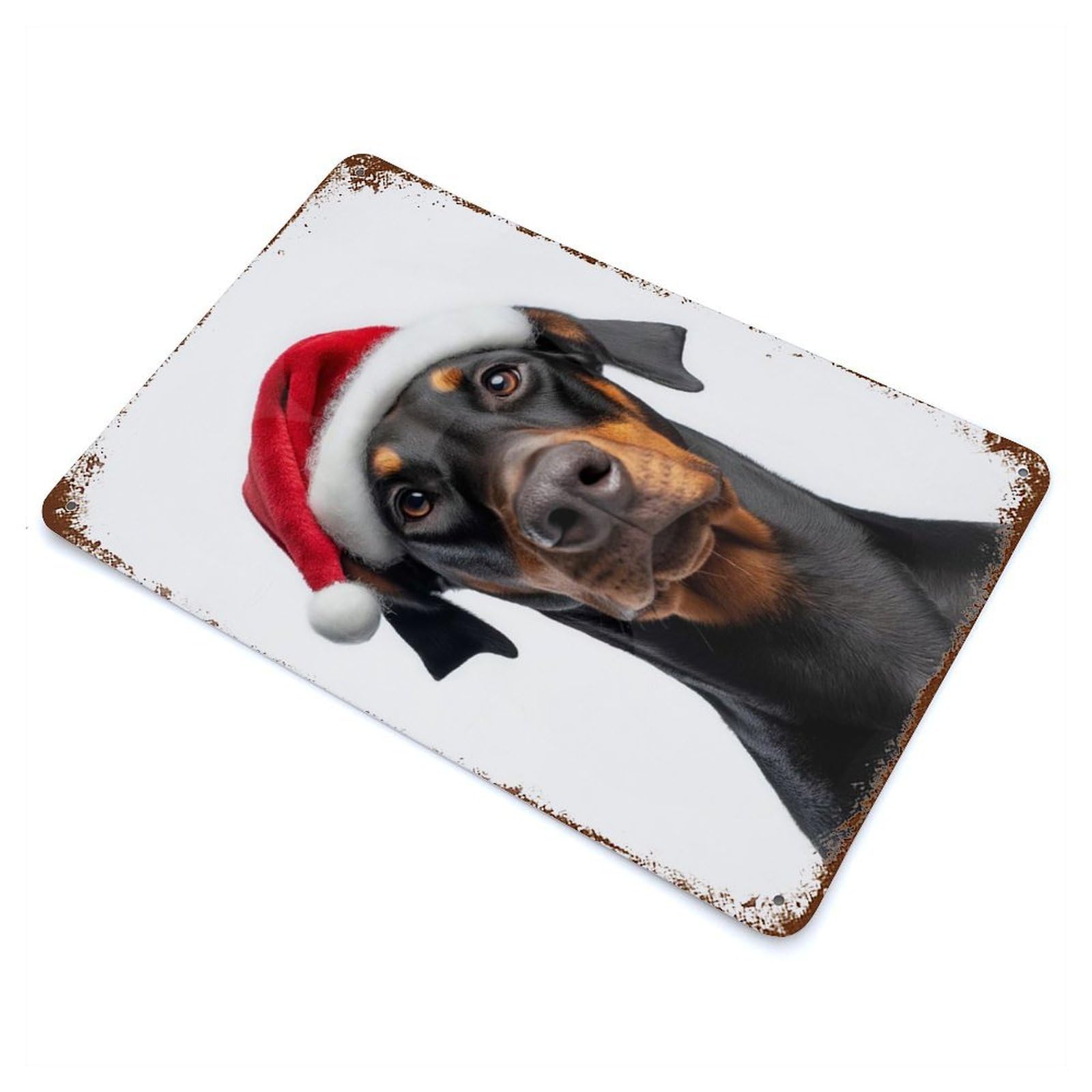 Doberman Dog Christmas Portrait 11.8"x7.9" Aged Metal Wall Plaque, Retro Wall Decor for Farmhouse, Kitchen And Entryway Decor