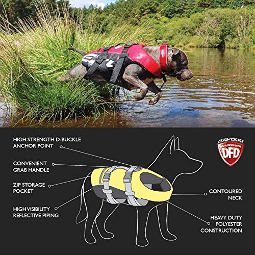EzyDog Schwimmweste Hund - DFD Hundeschwimmweste - Schwimmwesten für für Kleine, Mittelgroße und Große Hunde - Rettungsweste mit Griff und Reflektoren, Größenverstellbar (M, Rot)