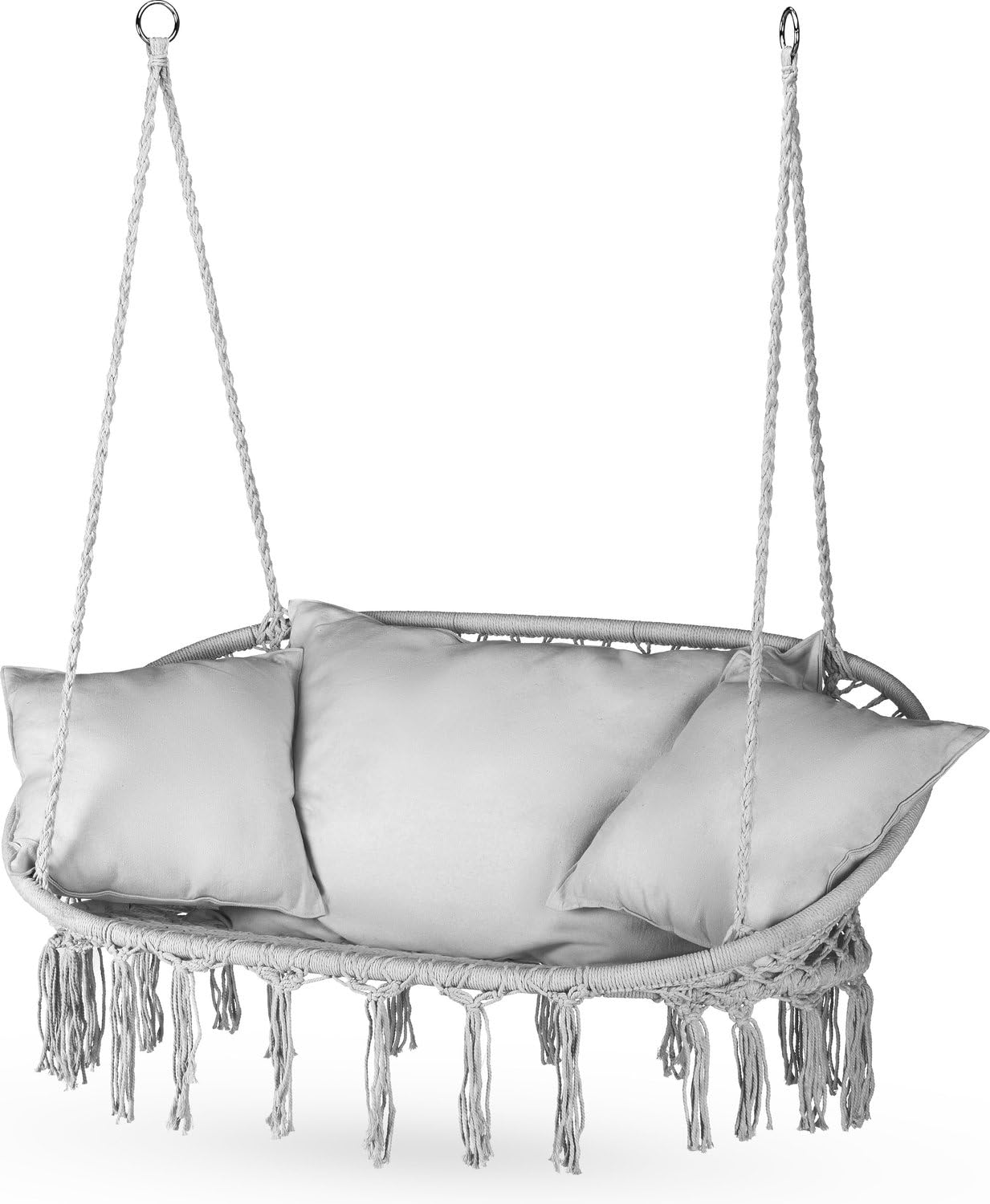 Fauteuil Suspendu 2 Personnes XXL avec 3 Coussins, Chaise Suspendue de jusqu'à 200 kg, Siège Suspendu Exterieur et Intérieur pour 2 Place, Fauteuil Balancoire Bohème, Ideal pour Jardin, Gris