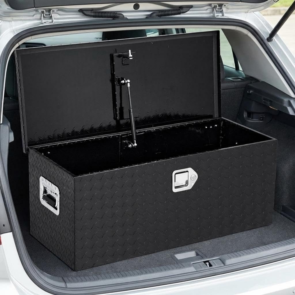 Aptliton Portable Heavy Duty Aluminum Truck Tool Box with Gas Strut & Sliding Divider, Waterproof Pickup Truck Bed Storage Box for Tools Equipment, Black(No Small Box)