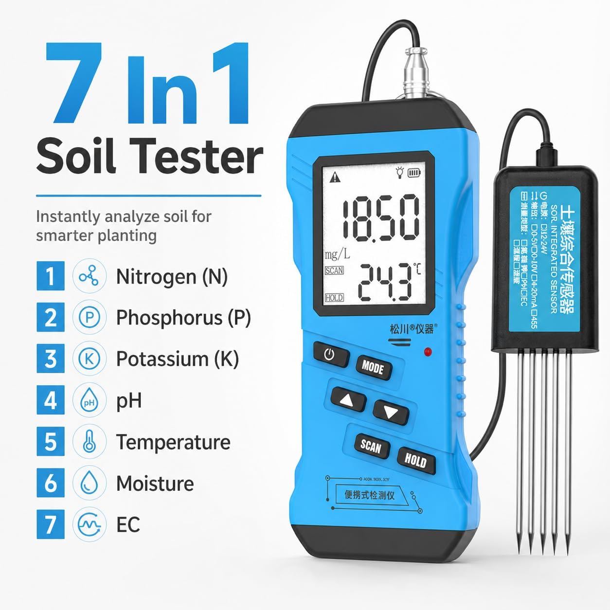 7 w 1 cyfrowy tester gleby NPK miernik pH gleby wilgotność składników odżywczych przewodność EC urządzenie do analizy gleby roślin ogrodowych narzędzie do analizy gleby