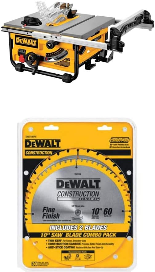 DEWALT DW745 10-Inch Compact Job-Site Table Saw with 20-Inch Max Rip Capacity - 120V w/ DW3106P5 60-Tooth Crosscutting and 32-Tooth General Purpose 10-Inch Saw Blade Combo Pack