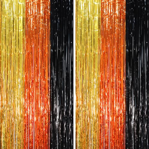 Image of Voircoloria 2 Pack Black Gold Orange Foil Fringe Backdrop Curtains, Tinsel Streamers Party Decorations, Fringe Backdrop, Door Shimmer for Construction or Birthday Party